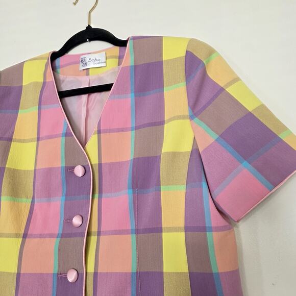 Vtg Plaid Checkered Pastel Blazer Jacket Womens M/L Artsy Retro Pockets Easter - Picture 4 of 8